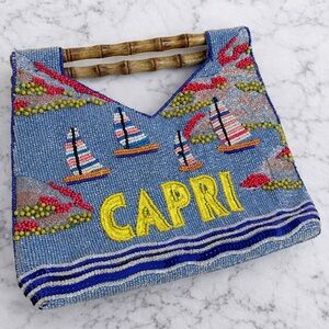 Beaded Capri handbag with Bamboo style Handles sailboats blue